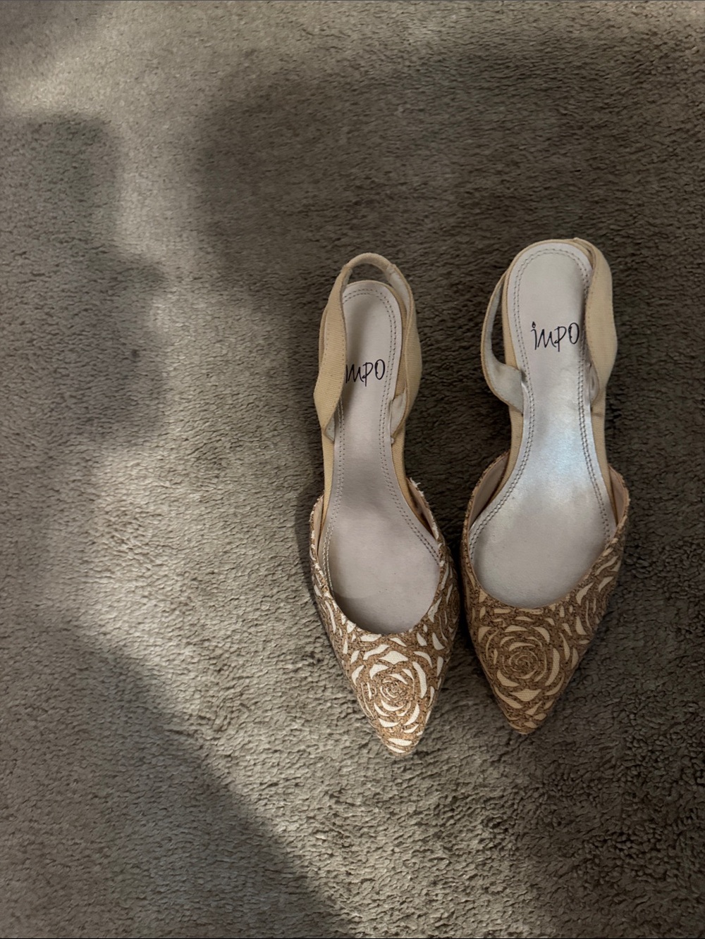 Impo Gold and Beige Embroidered Pointed Toe Slingback Heels - Picture 2 of 2